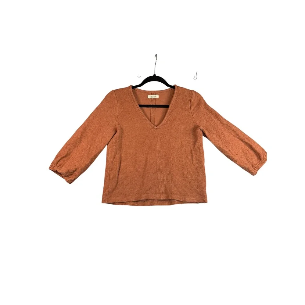 Madewell Womens Rust Orange Textured Slub Cotton V-Neck Puff Sleeve Top Small